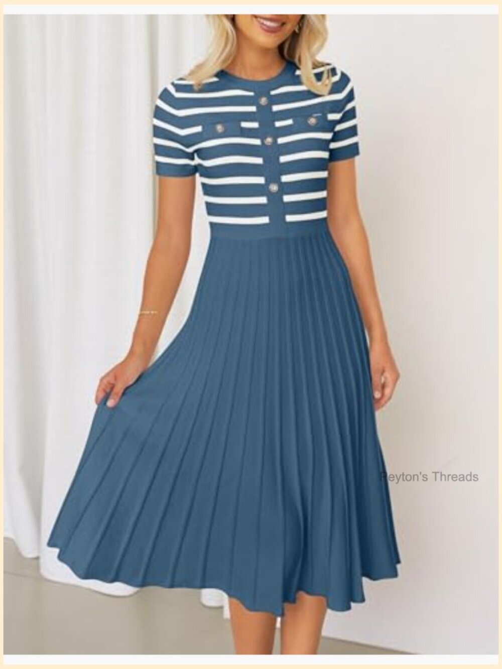 Striped Crewneck Short Sleeve Midi A-Line Pleated Swing Dress - Picture 3 of 7